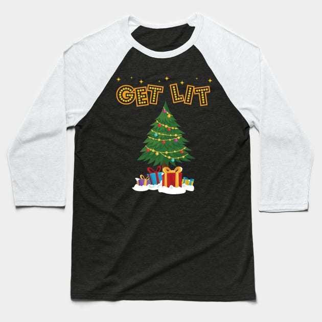 Get Lit Funny Christmas Tree Lights Festive Baseball T-Shirt by GDLife